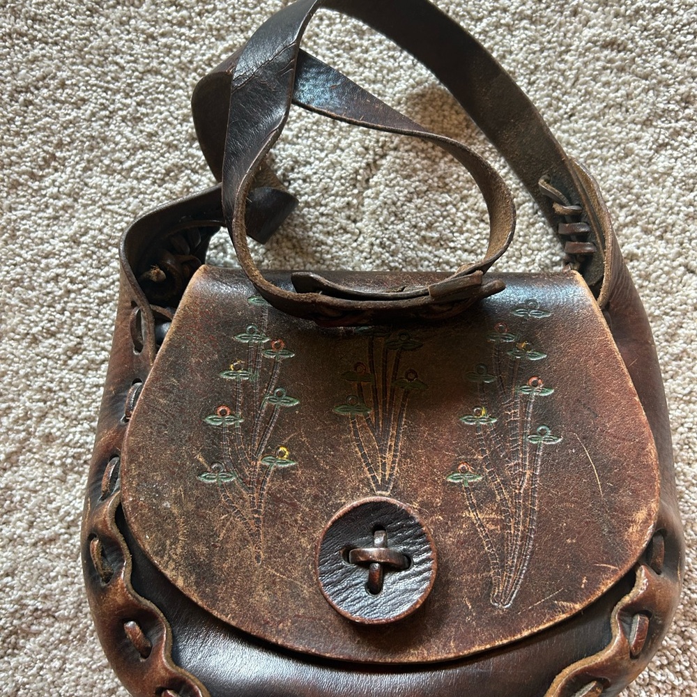 Vintage Brown Leather boho hippie tooled flower stitching details Crossbody Bag